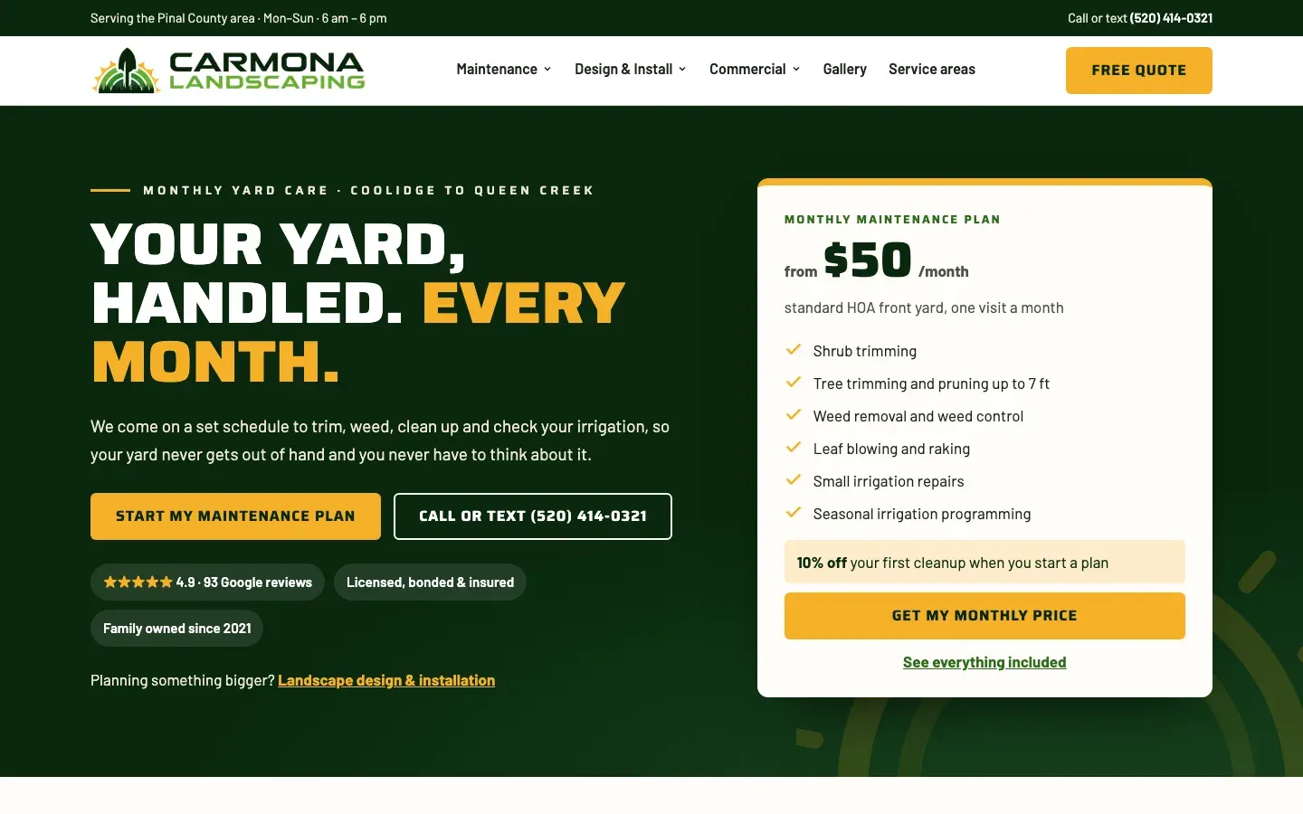 New Carmona Landscaping home page: monthly plan card, call and quote buttons, 4.9-star rating