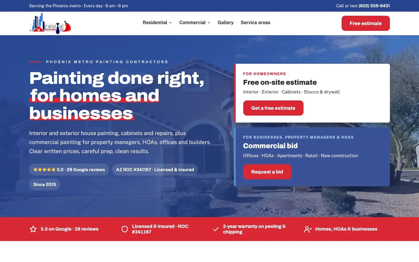 New Executive Painting home page with separate paths for homeowners and businesses
