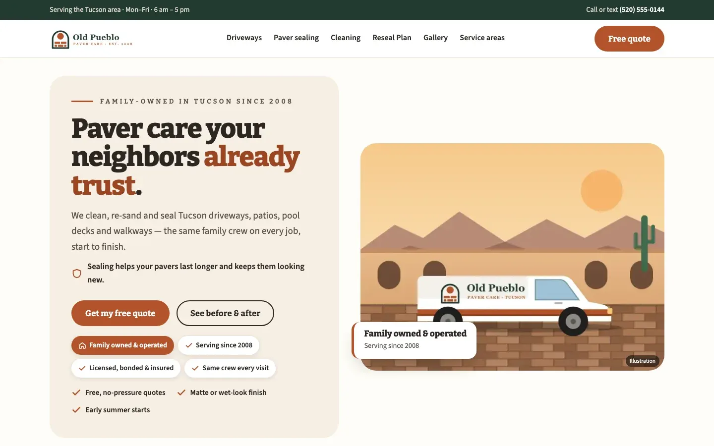 Home page of the Old Pueblo paver sealing demo site on a desktop screen