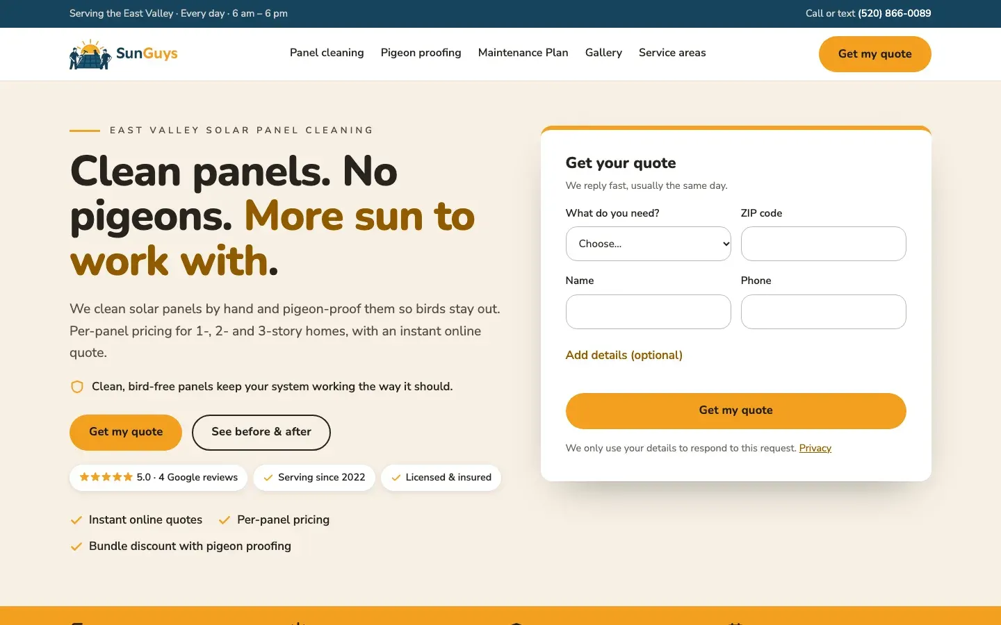 Home page of the SunGuys solar panel cleaning site on a desktop screen